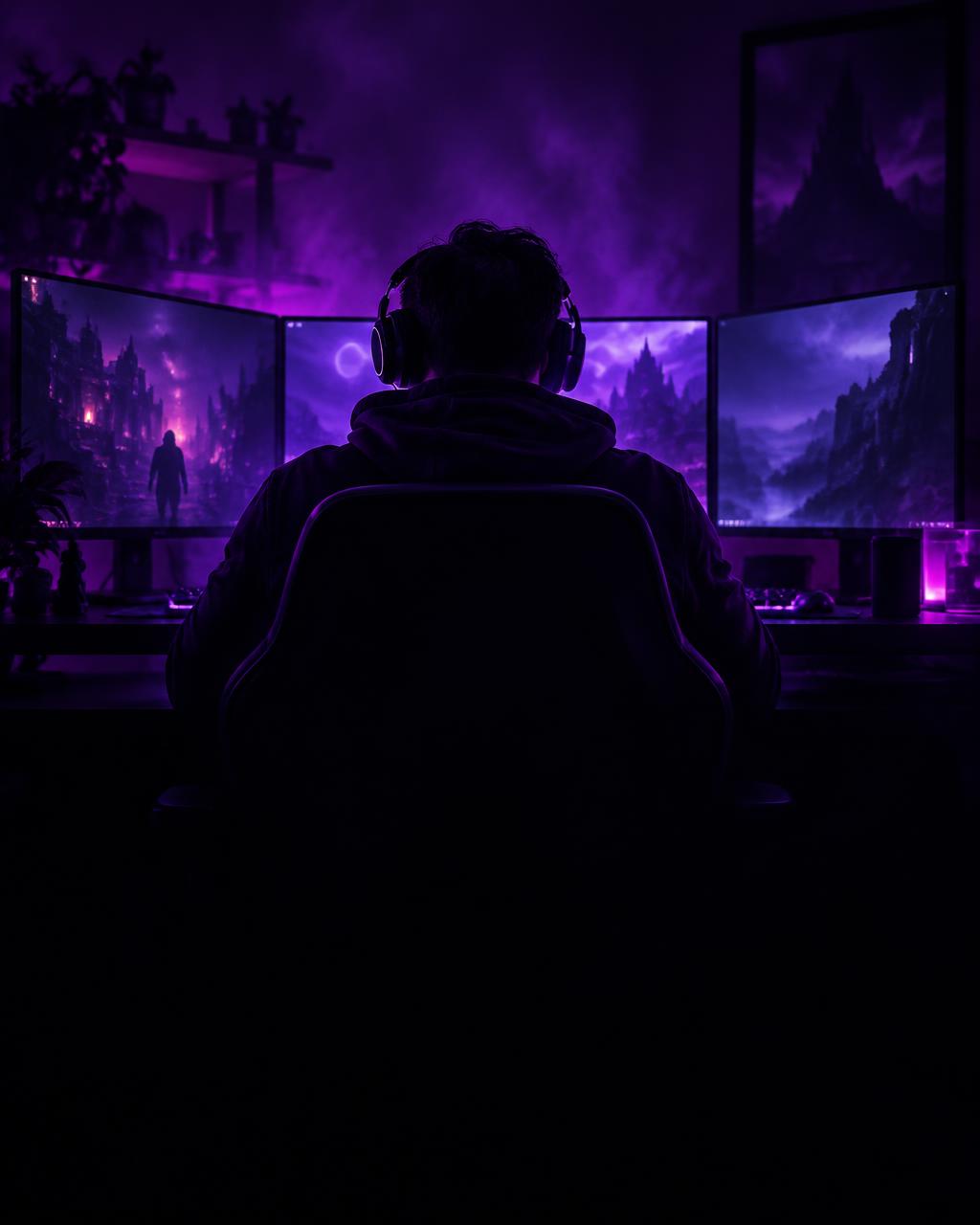 Gamer em frente aos monitores com luz roxa